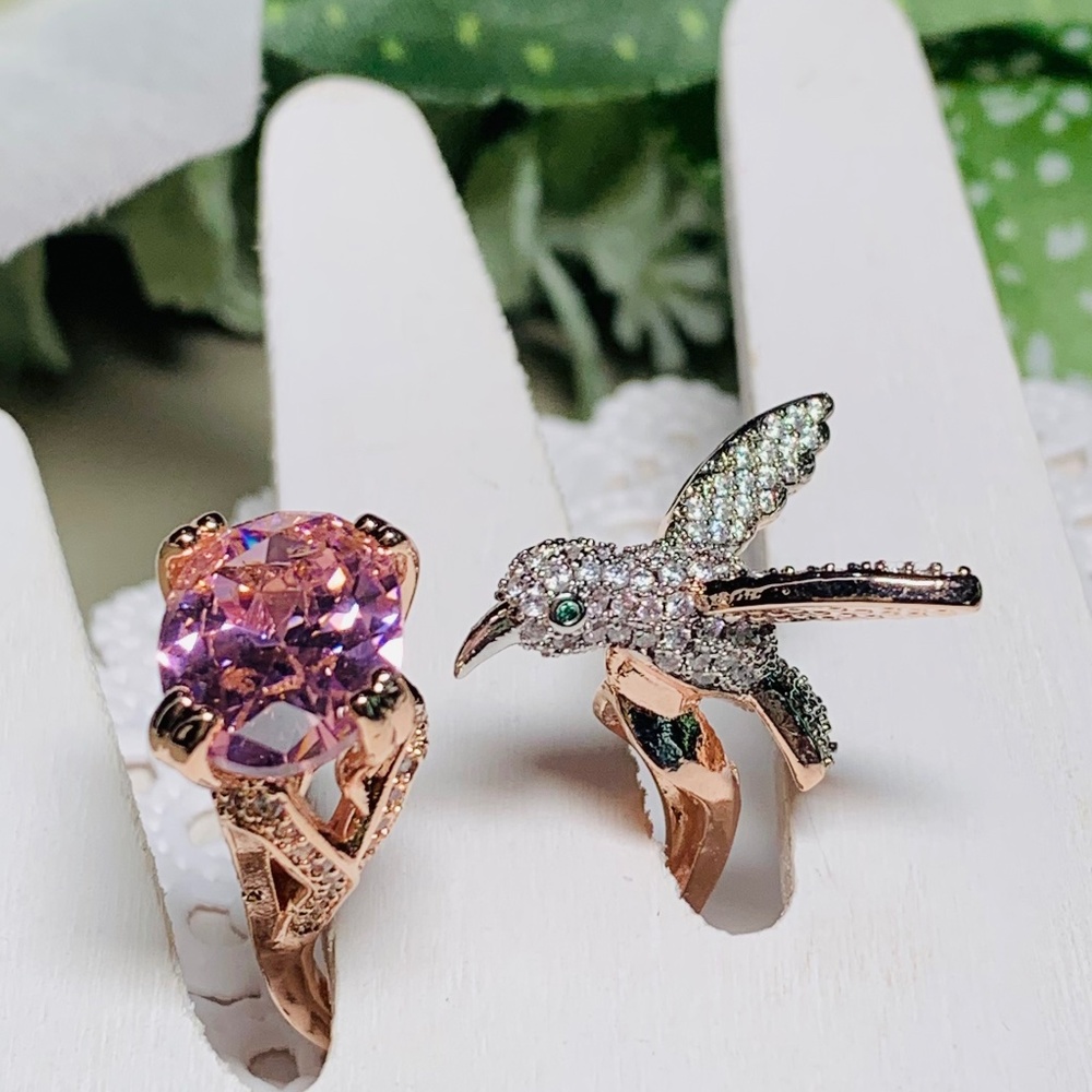 Stunning Eye Catching Hummingbird and Pink Crystal Cocktail Ring